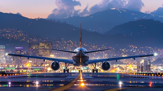 Stunning nighttime shot of airplane on runway with twinkling city lights and mountains in background.