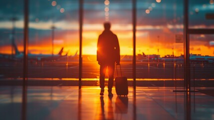 Stunning sunset at airport terminal with black individual silhouetted, holding suitcase, reflecting on journey ahead, capturing wanderlust and adventure.