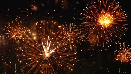 Fototapeta premium Golden Firework celebrate anniversary independence day night time celebrate national holiday. Countdown to new year 2024 party time event. Happy new year 2025, 4th of july holiday festival concept