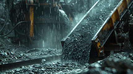 Rainy Day at a Coal Mine Conveyor Belt Transporting Wet Black Mineral Rocks