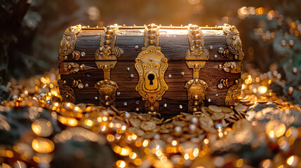 Antique Wooden Treasure Chest Adorned with Gold Jewelry and Coins in Sunlit Cave