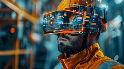 A construction worker wearing virtual reality glasses in the middle of an industrial plant, looking at holographic images on his VR headset.
