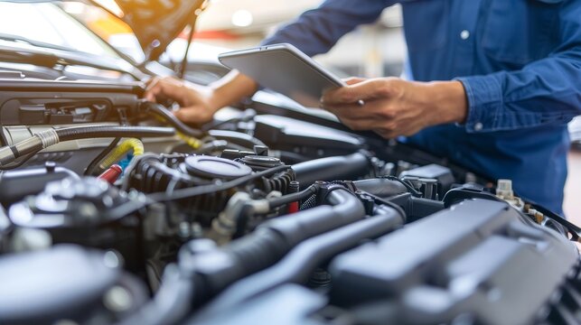 Professional mechanic using tablet to diagnose and repair car engine in automotive garage workshop