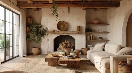 cozy mediterranean modern cottage living room with rustic coffee table and fireplace interior design