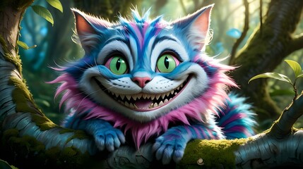 Cheshire Cat from Alice's Adventures in Wonderland, anthropomorphic cat, wide toothy grin, big green eyes, pink and and blue fur, sitting on a tree branch in the enchanted forest.