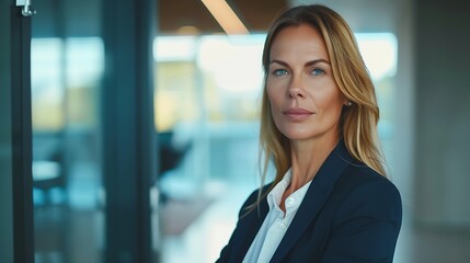 Portrait of a professional woman in a suit standing in a modern office Mature business woman looking at the camera in a workplace meeting area : Generative AI