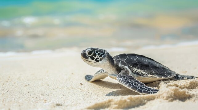 Little sea turtle on the sandy beach, tropical beach landscape