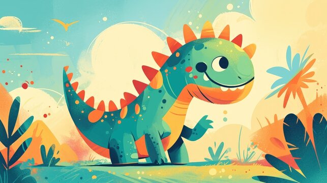 An adorable and amusing cartoon illustration of a brightly colored prehistoric dinosaur designed to bring joy and laughter to children stands alone in its charming simplicity
