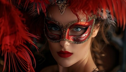 A woman in masquerade fashion with a Venetian mask and feathers for a carnival --ar 7:4 Job ID: c6276de8-fc37-4797-ae6f-c17f57e53ef9