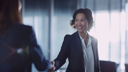 Happy mid aged business woman manager handshaking greeting client in office Smiling female executive making successful deal with partner shaking hand at work standing at meeting table : Generative AI