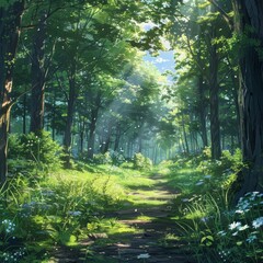Fototapeta premium A drawing in the style of anime featuring a sunlit forest setting.