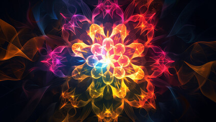 A colorful fractal flower, glowing and swirling in the center of an abstract background. The flowers have intricate patterns with vibrant colors like reds, yellows, pinks, oranges, and blues. They for
