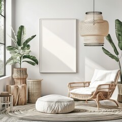 A living room with a large empty frame on the wall