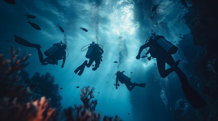 divers in a bright underwater reef with fish and corals