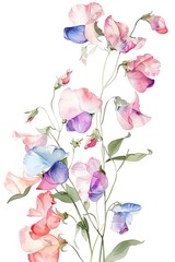 Lovely Sweet Pea with delicate, fragrant blooms, Watercolor Floral Border, watercolor illustration, isolated on white background