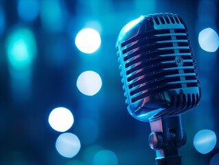 The microphone on stage before the artist performance, vintage microphone on blue lighting background