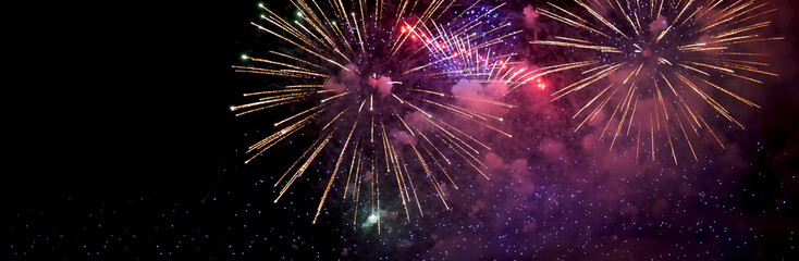 Banner Purple Firework celebrate anniversary happy new year 2024, 4th of july holiday festival....