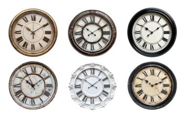 Antique wall clocks with Roman numerals, cut out - stock png.