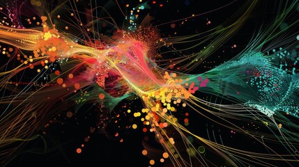 Abstract computer generated artwork featuring vibrant lines and dots in a variety of colors creating a visually dynamic composition.