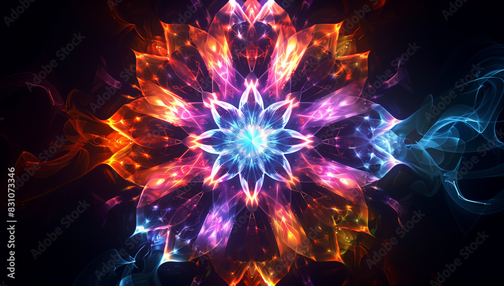 Poster an abstract digital art design featuring an illuminated flower with vibrant colors and intricate pat