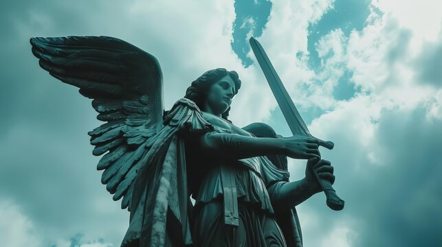 dramatic low angle view of archangel michael statue holding a sword symbol of protection