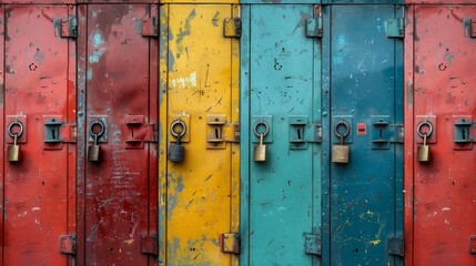 Close-up of vibrant old-school locker doors, each a different bright color, with detailed padlocks and scratches