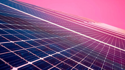 A close-up shot of solar panels against a solid magenta background, the panels' photovoltaic cells shimmering in the sunlight.