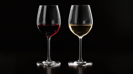 Red Wine and White Wine Glasses in Elegant Contrast on Black Background