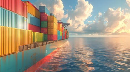 A large ship with colorful containers on its deck is seen in front of an ocean view. creating a dynamic scene representing commercial trade and global logistics.