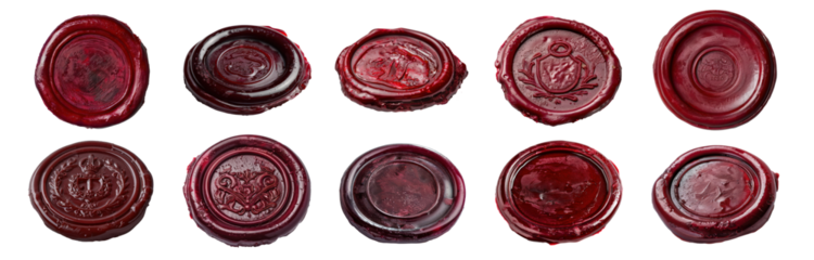 Red wax seals with intricate designs, cut out - stock png.