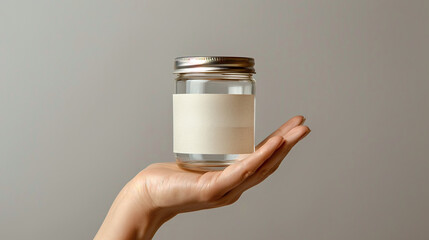 Hand Holding Empty Clear Glass Jar with Blank Label Against Neutral Gray Background