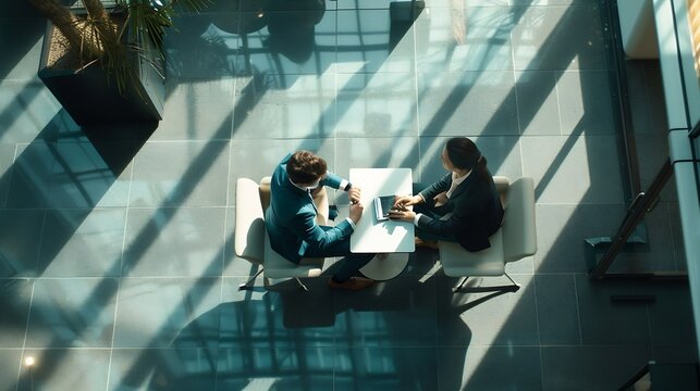 High angle view of two businesspeople working in an office lobby Two modern businesspeople using a digital tablet while having a discussion Two young entrepreneurs collaborating on a n : Generative AI