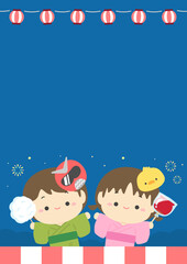 夏祭りの花火と子どもと提灯のフレーム背景素材、夏祭りのベクターイラスト10