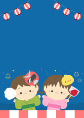 夏祭りの花火と子どもと提灯のフレーム背景素材、夏祭りのベクターイラスト09