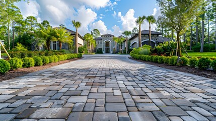 Fototapeta premium A photo of a perfectly tiled driveway in front of the house, in the paver style, with beautiful landscaping and greenery surrounding it.