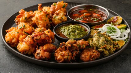 Closeup of Plate of Indian Pakoras with Assorted Vegetables
