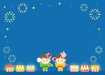 Fototapeta premium 夏祭りの屋台と花火と子どものフレーム背景素材、夏祭りのベクターイラスト01