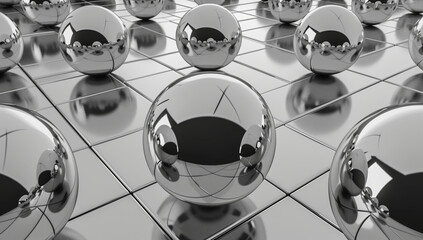3d render of chrome spheres on shiny reflective floor, symmetr composition. Each sphere reflecting its surroundings in high resolution.
