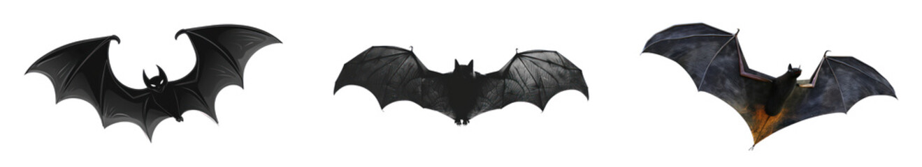 Black silhouette bats flying at night, cut out - stock png.