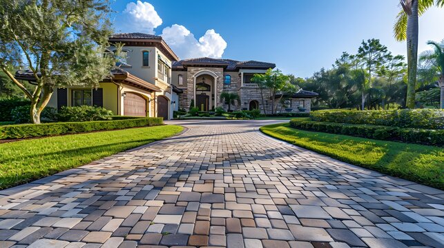A photo of a perfectly tiled driveway in front of the house, in the paver style, with beautiful landscaping and greenery surrounding it.