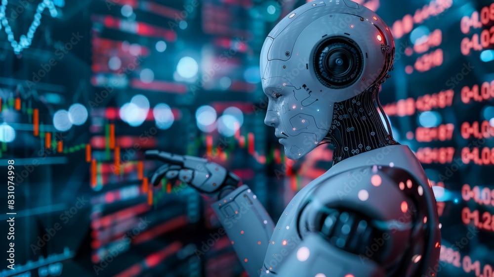 Poster a robot is facing a large wall filled with data, processing and analyzing information displayed on t