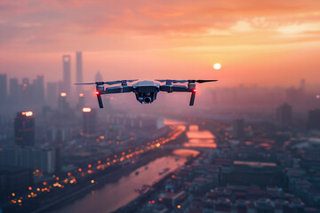 Drone over the city, technology innovation system, aerial transport vehicle