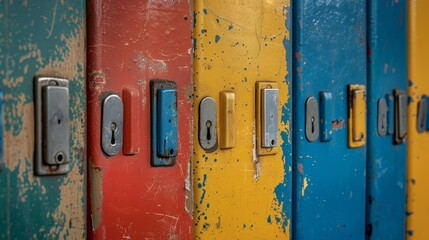 Close-up of a line of colorful, vintage locker doors with distinctive locks and signs of wear and tear