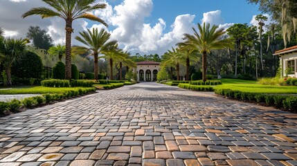 A photo of a perfectly tiled driveway in front of the house, in the paver style, with beautiful landscaping and greenery surrounding it.