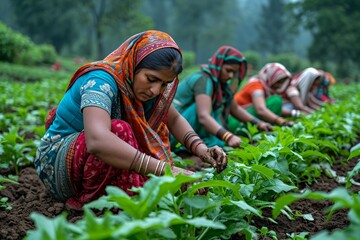 indian women working in the field in the countryside