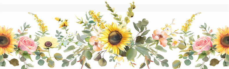 A seamless border of sunflowers, roses and eucalyptus leaves in the style of watercolor, white background, hd, digital art, high resolution, flat lay, natural light, floral design, yellow, green, pink
