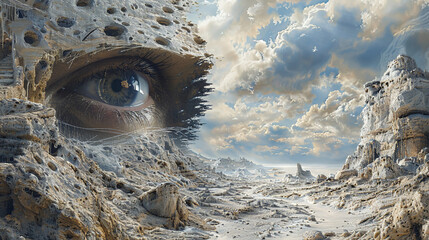 Surreal Landscape with Eye in Stone Desert Under Cloudy Sky Dreamlike Vision Symbolism