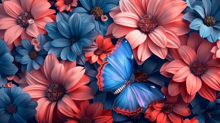 Close-up 3D vibrant pink and blue flowers with a butterfly detailed in gold tint, vivid colors, intricate petal patterns, dynamic composition