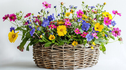 Obraz premium Vibrant Wildflower Bouquet in Woven Basket with Green Leaves on White Background Spring Floral Decor