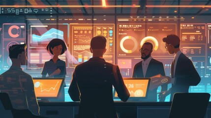 Several individuals are gathered around a table, each with a laptop open. They appear to be engaged in a meeting or collaborative work session.